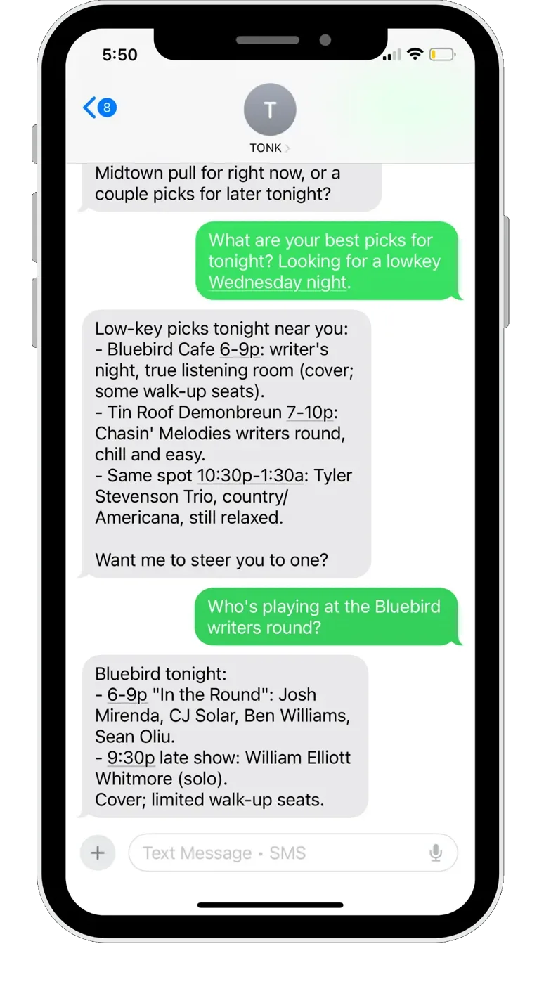 Tonk Agent text conversation showing personalized music recommendations